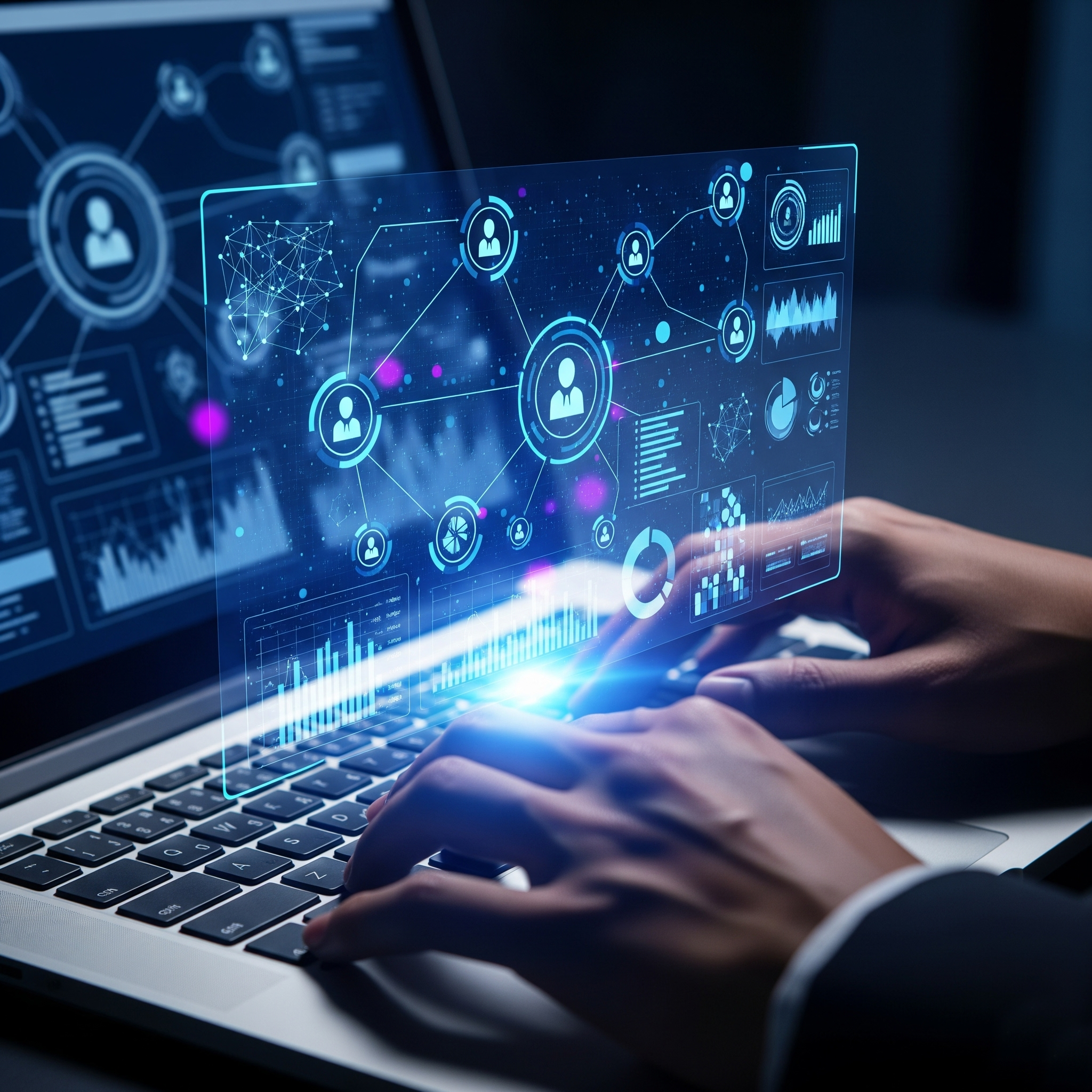 یک متخصص که وظایف دیجیتال منابع انسانی را روی لپ‌تاپ مدیریت می‌کند، با یک رابط هولوگرافیک که داده‌های کارکنان، تجزیه و تحلیل‌ها و شبکه‌های استعدادیابی را نمایش می‌دهد.