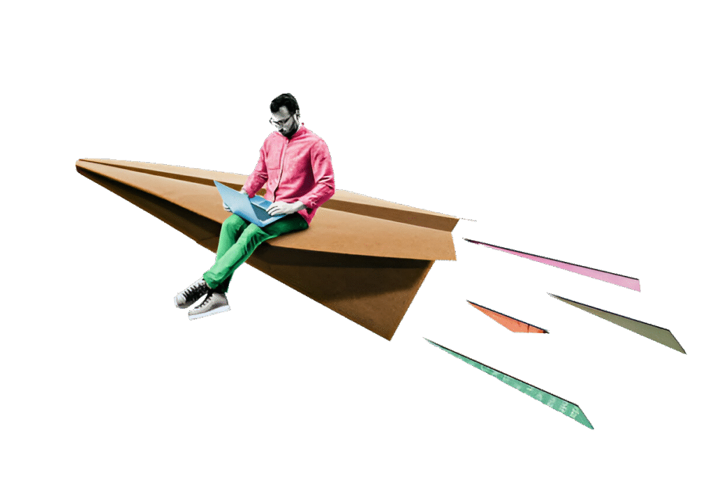 دوره های حضوری تدما، شخصی که بر موشک کاغذی نشسته است و به سمت کلاس های تدما می رود