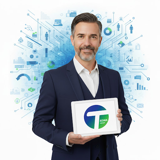 اپراتور مرد با لباس رسمی تبلتی با لوگو تدما در دست دارد که نشان دهنده اینست که در تدما اماده پاسخگویی به شما هستیم