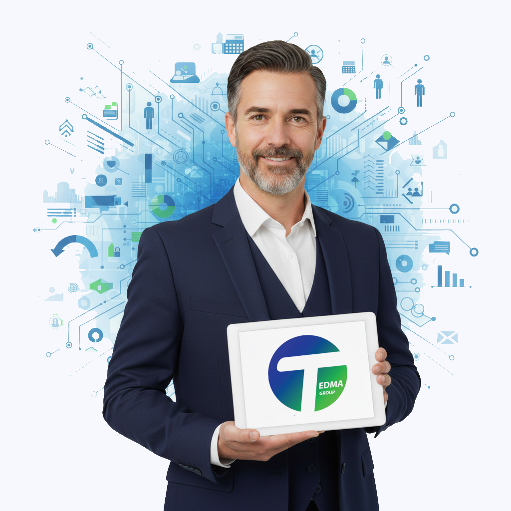 اپراتور مرد با لباس رسمی تبلتی با لوگو تدما در دست دارد که نشان دهنده اینست که در تدما اماده پاسخگویی به شما هستیم